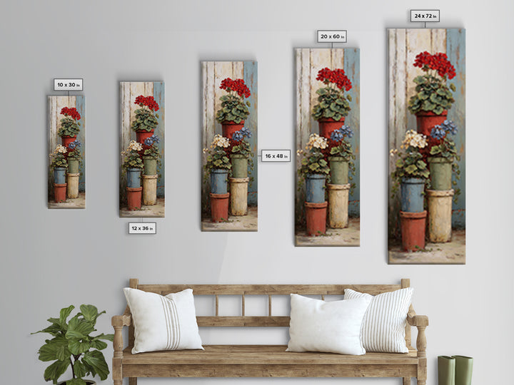 Potted Geraniums in Rustic Clay Pots Framed Canvas Print, Patio Art, Outdoor Art, Patio Decor, Fine Art, Outdoor, PAT-1x3-50
