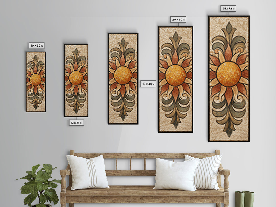 Sun Motif with Warm Terracotta Rays Framed Canvas Print, Patio Art, Patio Cushions, Patio Decor, Oil Painting, Outdoor, PAT-1x3-54