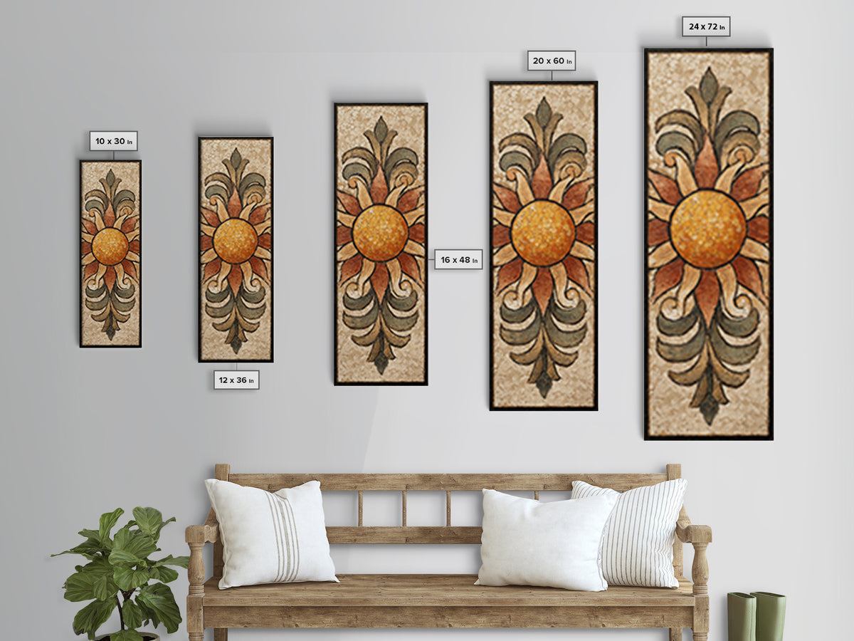 Sun Motif with Warm Terracotta Rays Framed Canvas Print, Patio Art, Patio Cushions, Patio Decor, Oil Painting, Outdoor, PAT-1x3-54