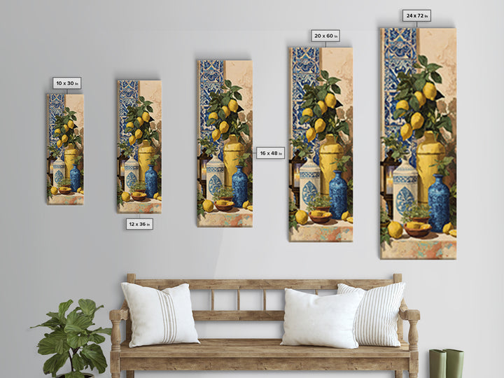 Mediterranean Lemons and Blue Tile Pattern Framed Canvas Print, Patio Art, Neutral Decor, Patio Decor, Fine Art, Outdoor, PAT-1x3-62