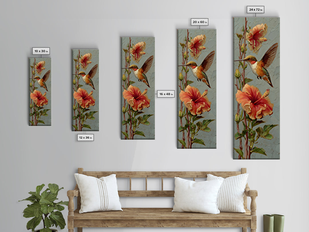 Hummingbird Visiting Bright Hibiscus Canvas Print, Patio Art, Patio Decor, Oil Painting, Outdoor, Gallery Decor, Neutral Decor, PAT-1x3-63