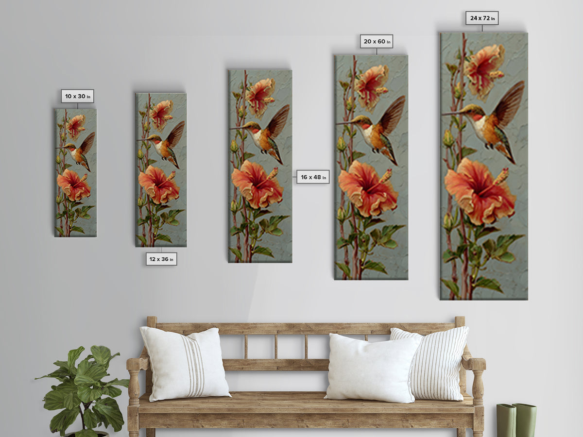 Hummingbird Visiting Bright Hibiscus Canvas Print, Patio Art, Patio Decor, Oil Painting, Outdoor, Gallery Decor, Neutral Decor, PAT-1x3-63