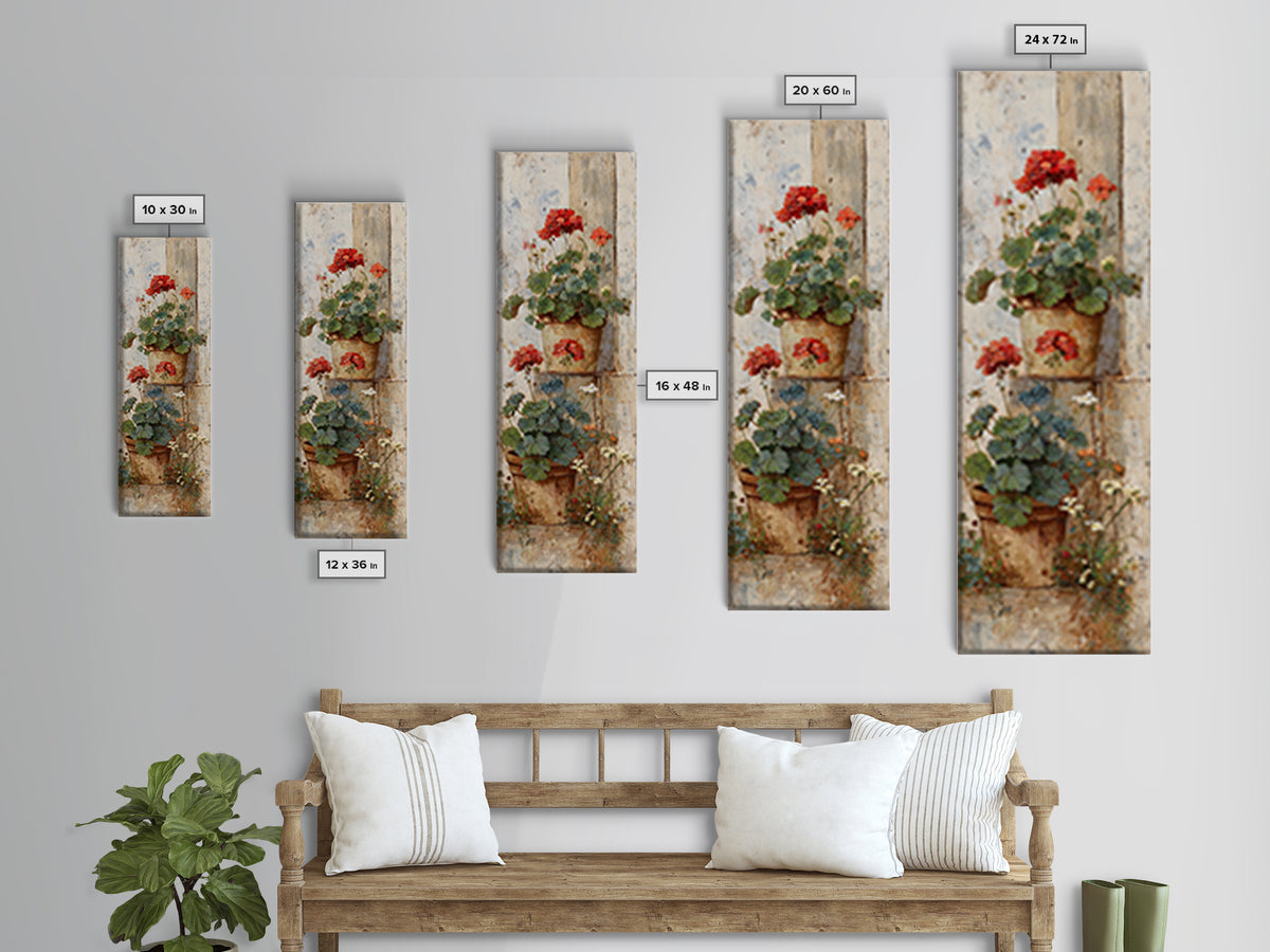 Potted Geraniums in Rustic Clay Pots Framed Canvas Print, Patio Art, Outdoor Art, Patio Decor, Fine Art, Outdoor, PAT-1x3-74
