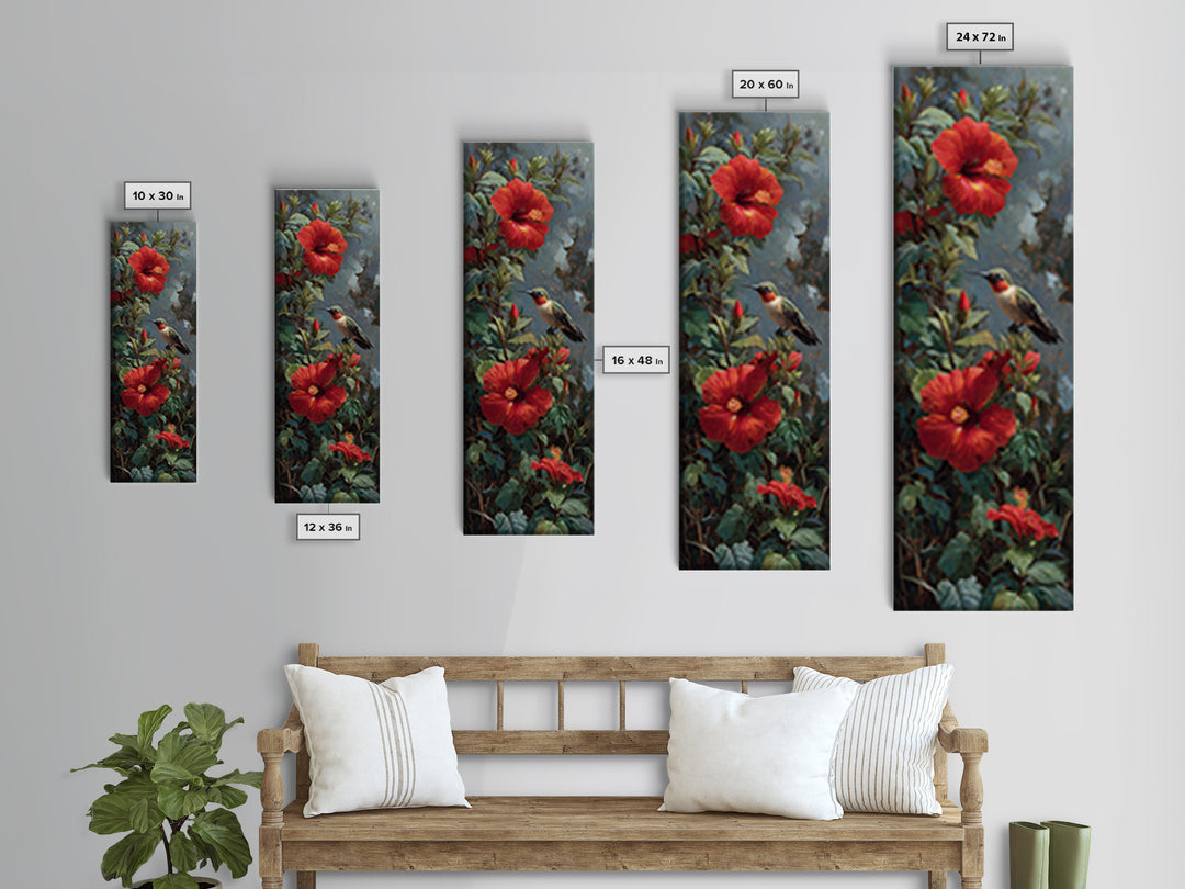 Hummingbird Visiting Bright Hibiscus Framed Canvas Print, Patio Art, Patio Cushions, Patio Decor, Outdoor, Luxury Decor, PAT-1x3-87