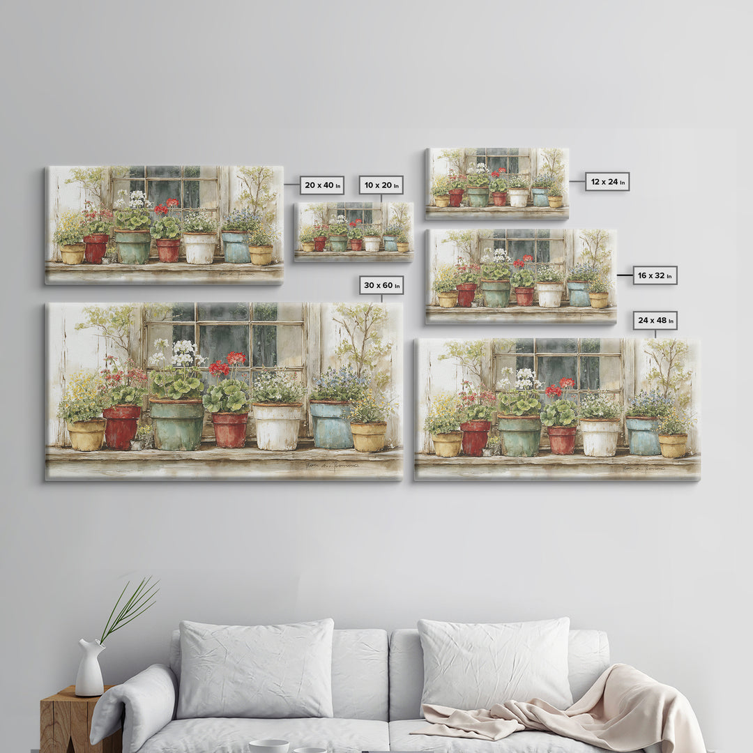 Potted Geraniums in Rustic Clay Pots Framed Canvas Print, Patio Art, Art Print, Patio Decor, Fine Art, Outdoor, Garden Decor, PAT-2x1-10