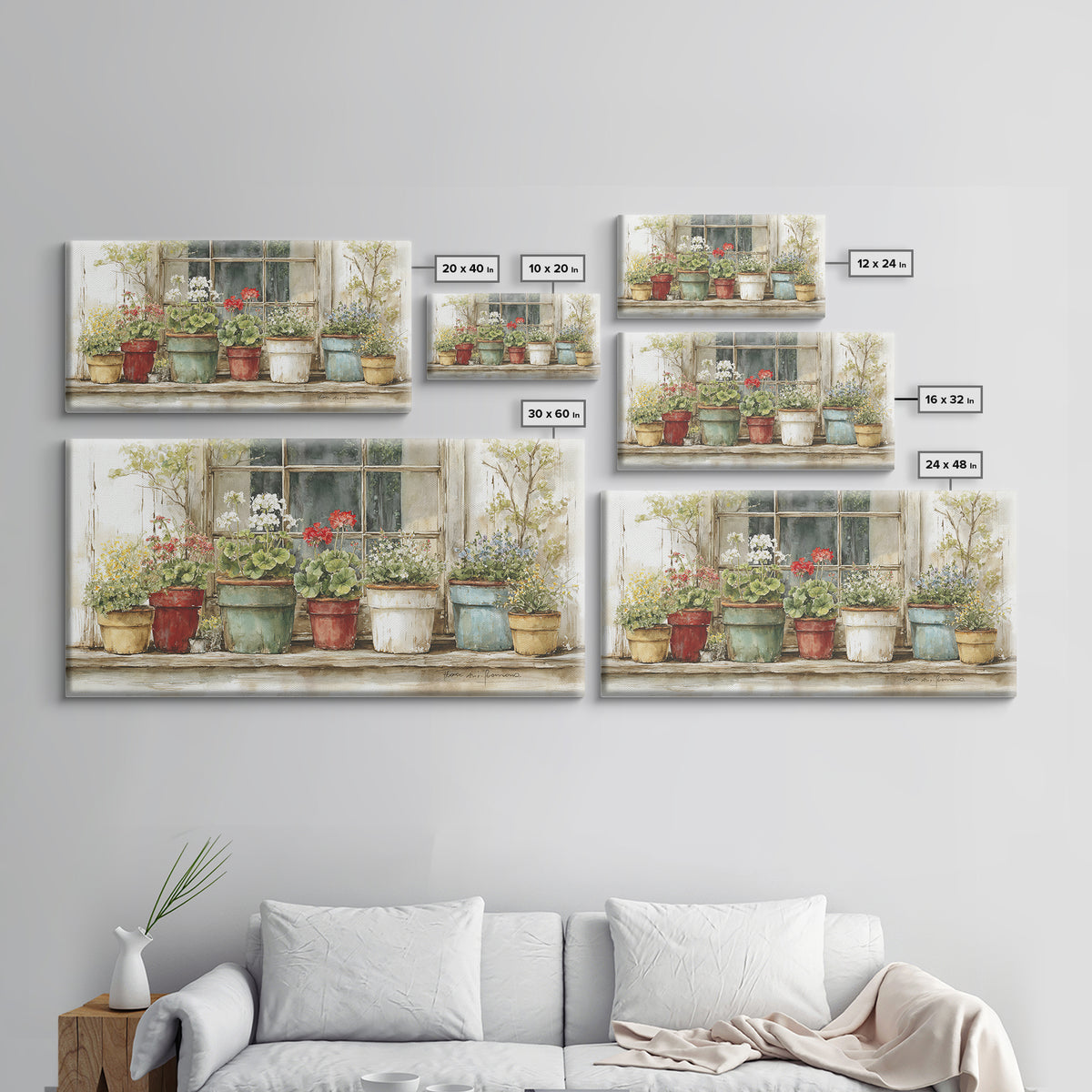 Potted Geraniums in Rustic Clay Pots Framed Canvas Print, Patio Art, Art Print, Patio Decor, Fine Art, Outdoor, Garden Decor, PAT-2x1-10