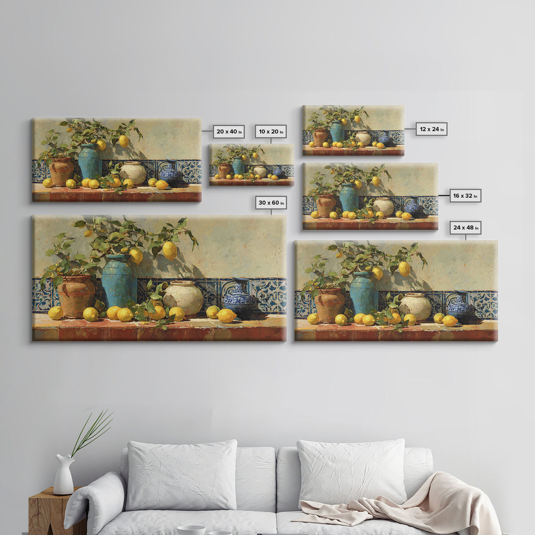 Mediterranean Lemons and Blue Tile Pattern Canvas Print, Patio Art, Boho Decor, Patio Decor, Fine Art, Outdoor, Outdoor Decor, PAT-2x1-22
