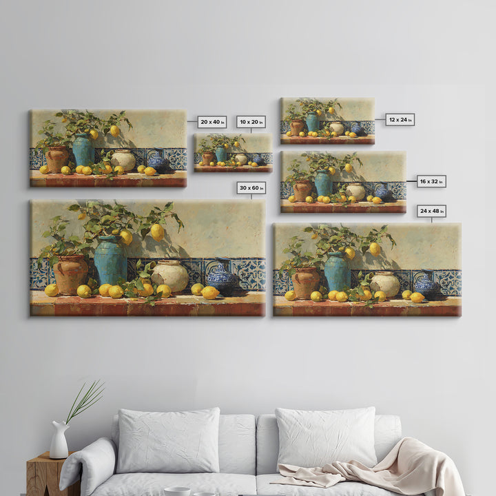 Mediterranean Lemons and Blue Tile Pattern Canvas Print, Patio Art, Boho Decor, Patio Decor, Fine Art, Outdoor, Outdoor Decor, PAT-2x1-22