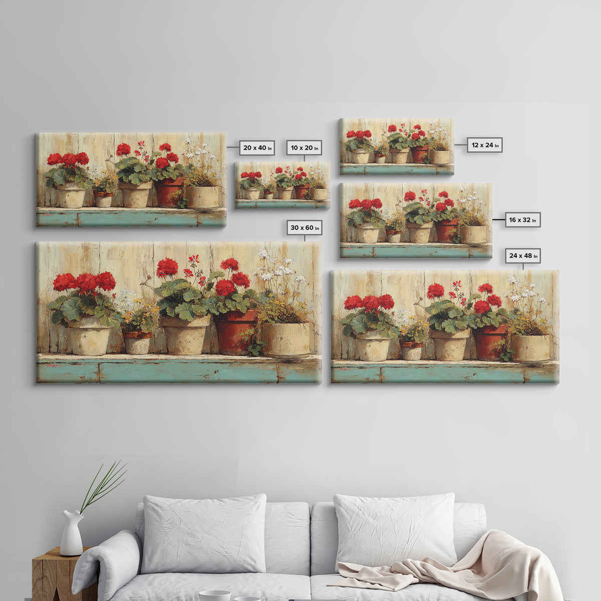 Potted Geraniums in Rustic Clay Pots Framed Canvas Print, Patio Art, Art Print, Patio Decor, Fine Art, Outdoor, Garden Decor, PAT-2x1-34