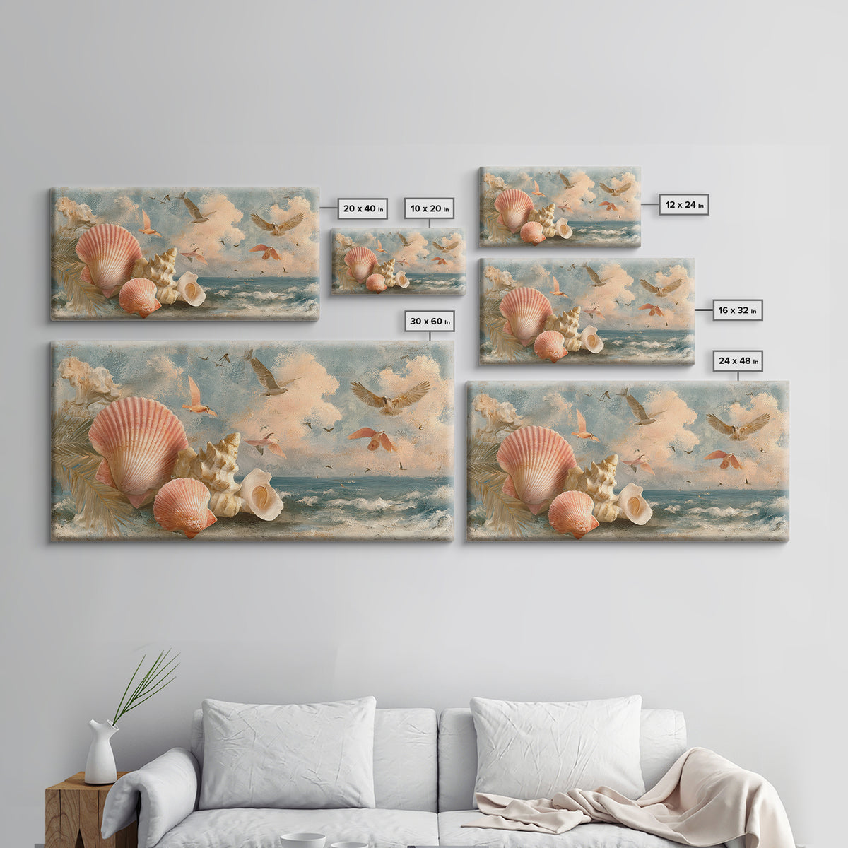 Beachy Shell and Palm Arrangement Canvas Print, Patio Art, Outdoor Decor, Patio Decor, Oil Painting, Outdoor, Bar Art, PAT-2x1-39
