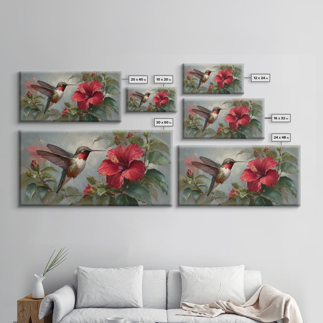 Hummingbird Visiting Bright Hibiscus Canvas Print, Patio Art, Metal Art, Patio Decor, Oil Painting, Outdoor, Patio Cushions, PAT-2x1-47