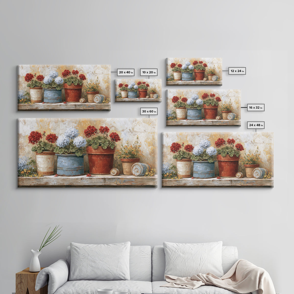 Potted Geraniums in Rustic Clay Pots Canvas Print, Patio Art, Wall Art, Patio Decor, Fine Art, Outdoor, Outdoor Wall Decor, PAT-2x1-58