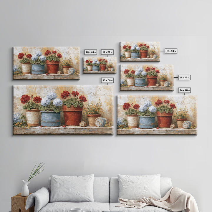 Potted Geraniums in Rustic Clay Pots Canvas Print, Patio Art, Wall Art, Patio Decor, Fine Art, Outdoor, Outdoor Wall Decor, PAT-2x1-58