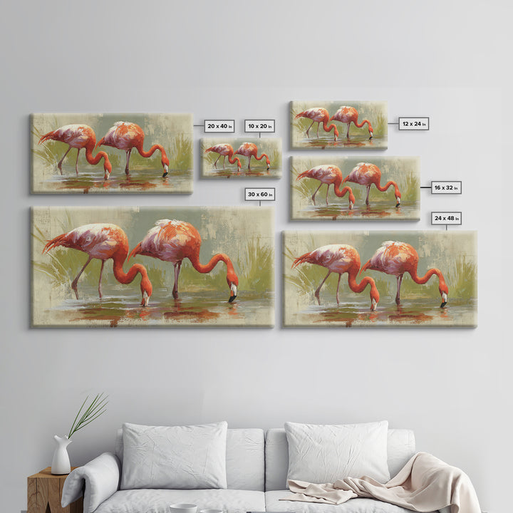 Flamingo Pair Beside Shallow Water Framed Canvas Print, Patio Art, Luxury Decor, Patio Decor, Fine Art, Outdoor, Wall Hanging, PAT-2x1-6