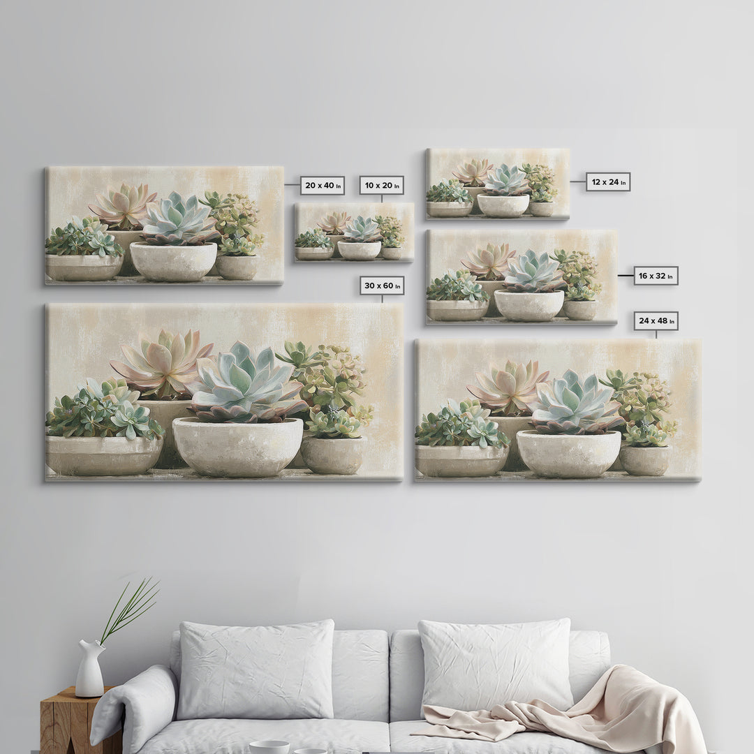 Succulent Collection in Ceramic Planters Framed Canvas Print, Patio Art, Metal Wall Art, Patio Decor, Abstract Art, Outdoor, PAT-2x1-65