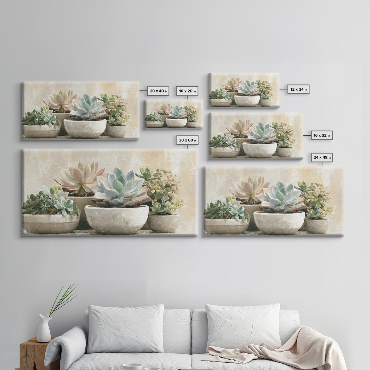 Succulent Collection in Ceramic Planters Framed Canvas Print, Patio Art, Metal Wall Art, Patio Decor, Abstract Art, Outdoor, PAT-2x1-65