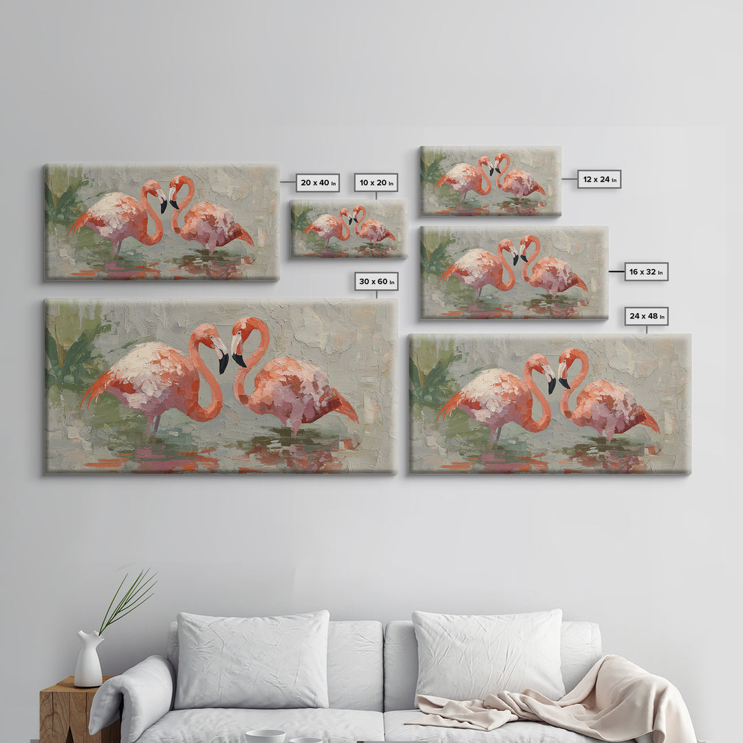 Flamingo Pair Beside Shallow Water Canvas Print, Patio Art, Contemporary Art, Patio Decor, Fine Art, Outdoor, Metal Art, PAT-2x1-78