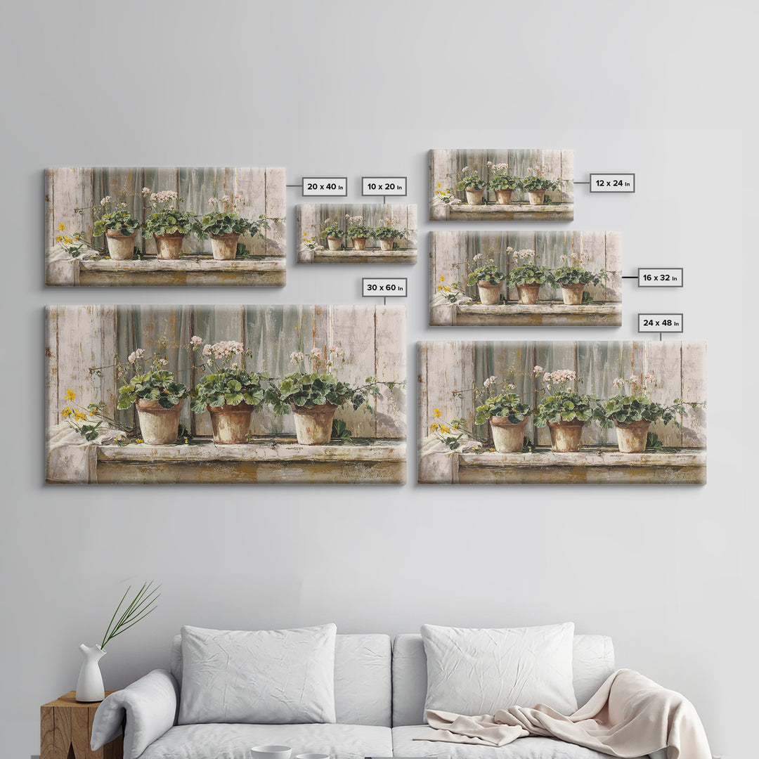 Potted Geraniums in Rustic Clay Pots Canvas Print, Patio Art, Wall Art, Patio Decor, Fine Art, Outdoor, Outdoor Wall Decor, PAT-2x1-82