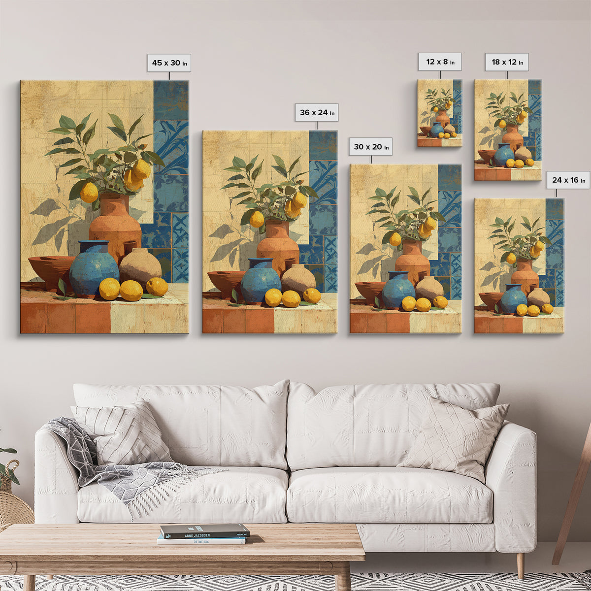 Mediterranean Lemons and Blue Tile Pattern Canvas Print, Patio Art, Luxury Decor, Patio Decor, Fine Art, Outdoor, Wall Hanging, PAT-2x3-10
