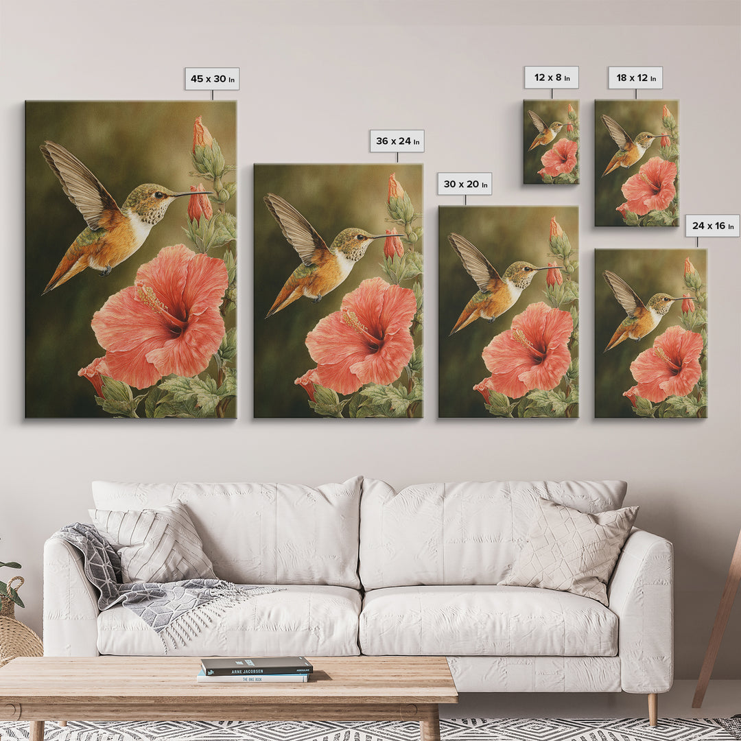 Hummingbird Visiting Bright Hibiscus Canvas Print, Patio Art, Patio, Patio Decor, Abstract Art, Outdoor, Minimalist Decor, PAT-2x3-11