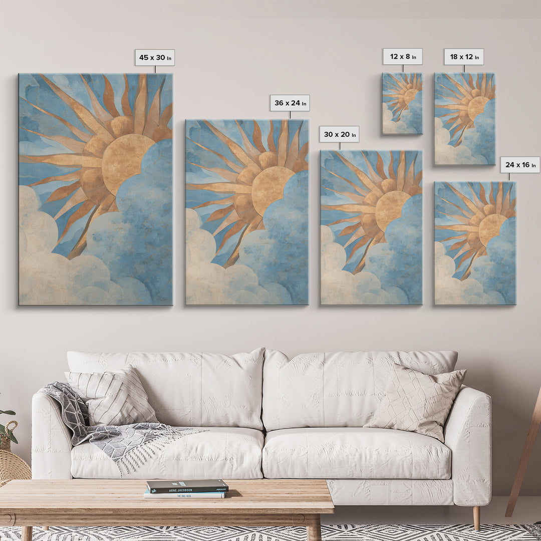 Sun Motif with Warm Terracotta Rays Framed Canvas Print, Patio Art, Boho Decor, Patio Decor, Abstract Art, Outdoor, PAT-2x3-2
