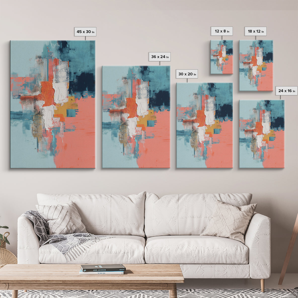 Bright Coral and Turquoise Abstract for Outdoors Framed Canvas Print, Patio Art, Wall Hanging, Patio Decor, Abstract Art, PAT-2x3-20