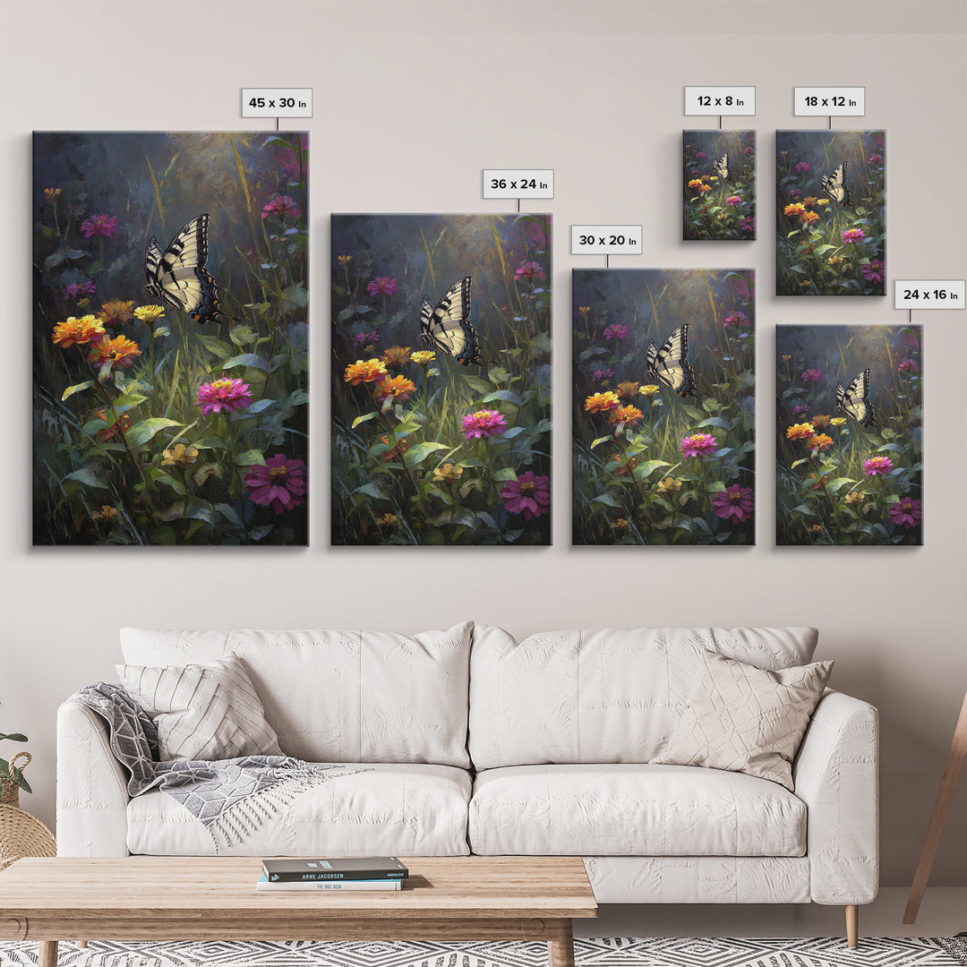 Butterfly Garden with Zinnias and Daisies Framed Canvas Print, Patio Art, Contemporary Art, Patio Decor, Fine Art, Outdoor, PAT-2x3-21