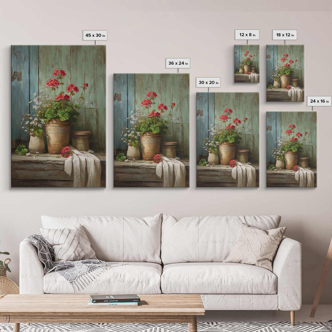Potted Geraniums in Rustic Clay Pots Framed Canvas Print, Patio Art, Textured Painting, Patio Decor, Fine Art, Outdoor, PAT-2x3-22