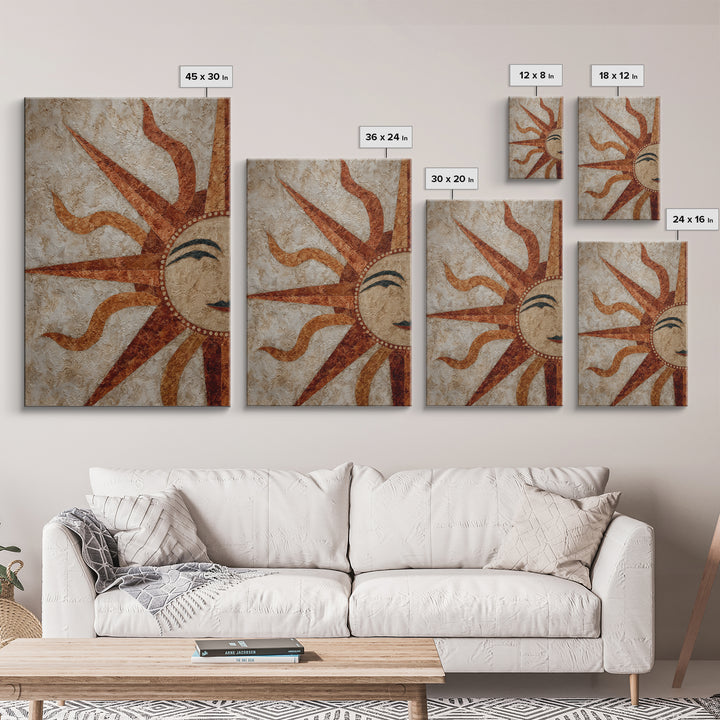 Sun Motif with Warm Terracotta Rays Framed Canvas Print, Patio Art, Boho Decor, Patio Decor, Abstract Art, Outdoor, PAT-2x3-26