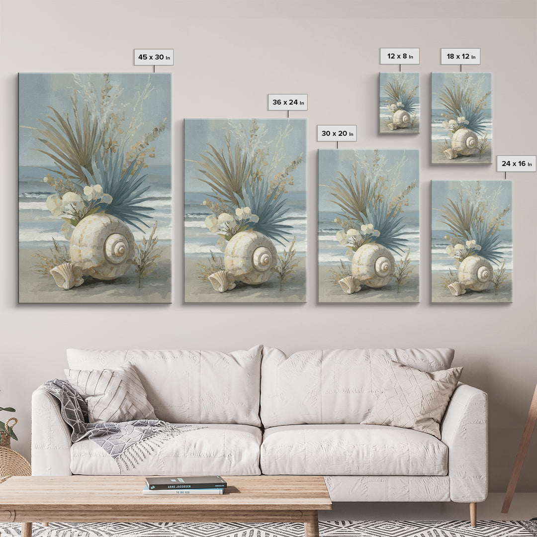 Beachy Shell and Palm Arrangement Framed Canvas Print, Patio Art, Rustic Decor, Patio Decor, Fine Art, Outdoor, PAT-2x3-3