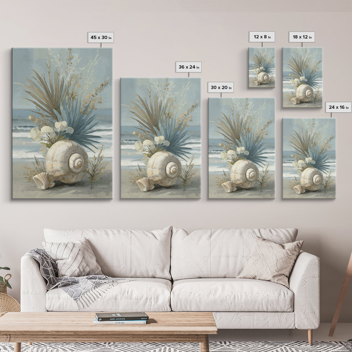 Beachy Shell and Palm Arrangement Framed Canvas Print, Patio Art, Rustic Decor, Patio Decor, Fine Art, Outdoor, PAT-2x3-3
