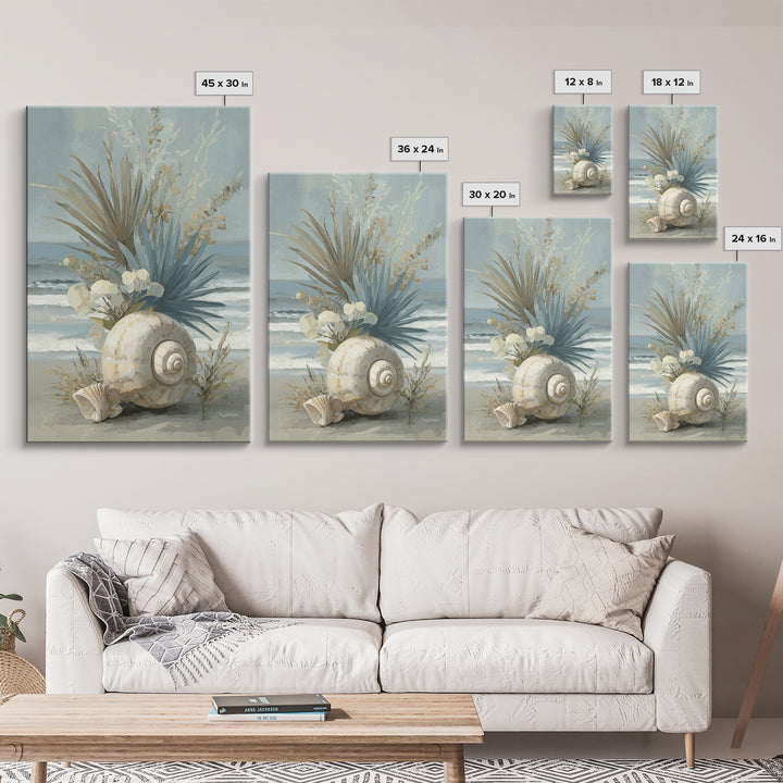 Beachy Shell and Palm Arrangement Framed Canvas Print, Patio Art, Rustic Decor, Patio Decor, Fine Art, Outdoor, PAT-2x3-3