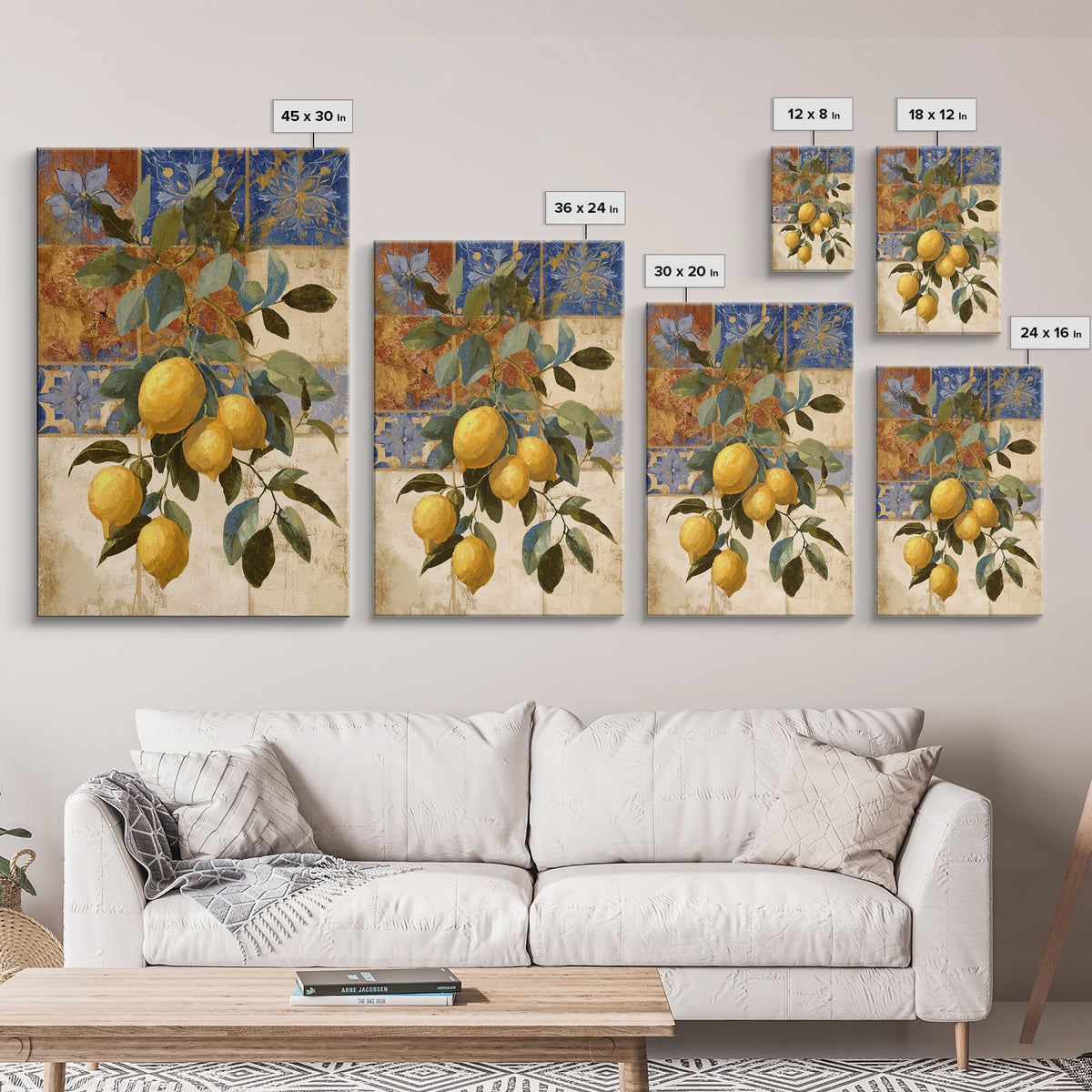 Mediterranean Lemons and Blue Tile Pattern Framed Canvas Print, Patio Art, Contemporary Art, Patio Decor, Fine Art, Outdoor, PAT-2x3-34