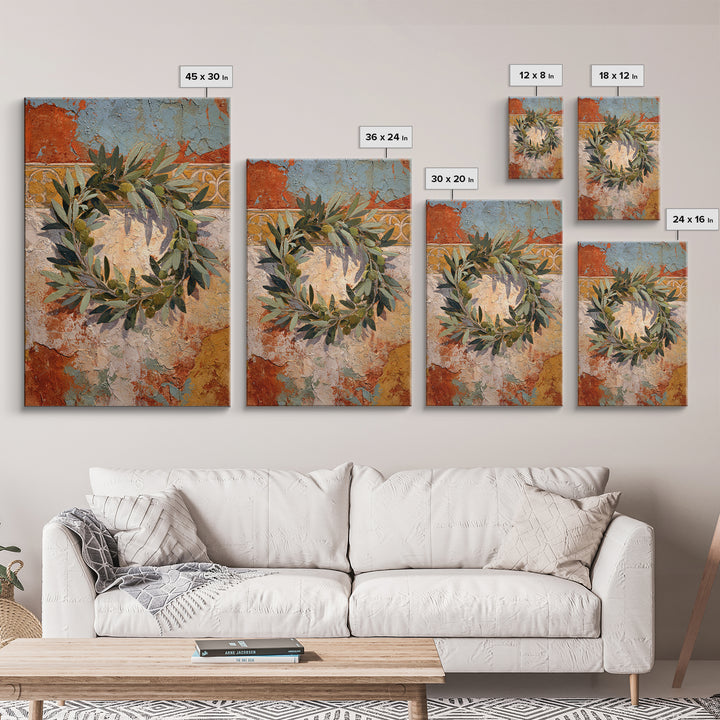 Olive Branch Wreath on Warm Plaster Framed Canvas Print, Patio Art, Outdoor Decor, Patio Decor, Fine Art, Outdoor, Bar Art, PAT-2x3-41