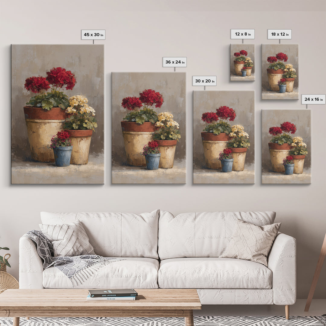 Potted Geraniums in Rustic Clay Pots Framed Canvas Print, Patio Art, Textured Painting, Patio Decor, Fine Art, Outdoor, PAT-2x3-46