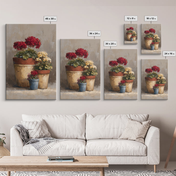 Potted Geraniums in Rustic Clay Pots Framed Canvas Print, Patio Art, Textured Painting, Patio Decor, Fine Art, Outdoor, PAT-2x3-46
