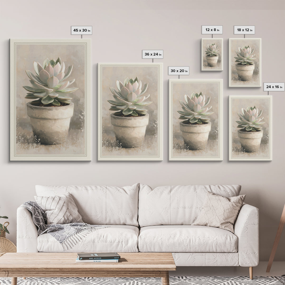 Succulent Collection in Ceramic Planters Framed Canvas Print, Patio Art, Garden Decor, Patio Decor, Oil Painting, Outdoor, PAT-2x3-53