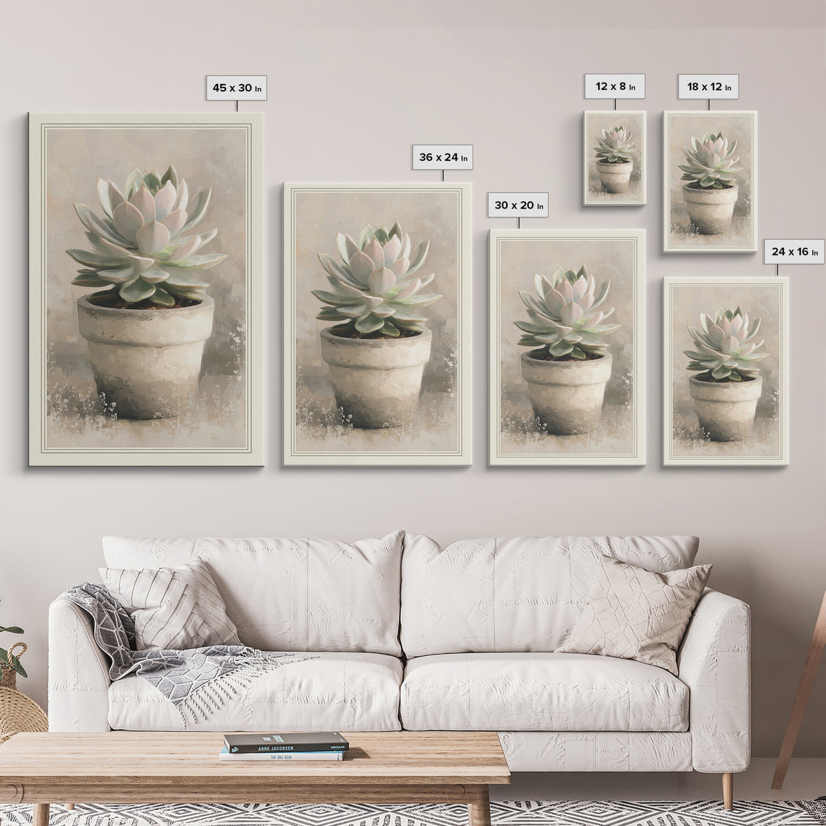 Succulent Collection in Ceramic Planters Framed Canvas Print, Patio Art, Garden Decor, Patio Decor, Oil Painting, Outdoor, PAT-2x3-53