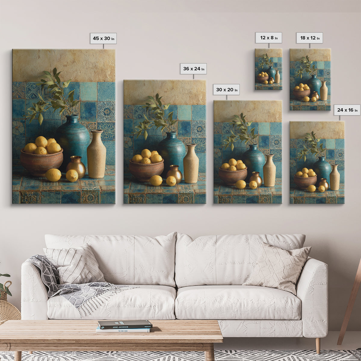 Mediterranean Lemons and Blue Tile Pattern Canvas Print, Patio Art, Metal Wall Art, Patio Decor, Outdoor, Coastal Wall Decor, PAT-2x3-58