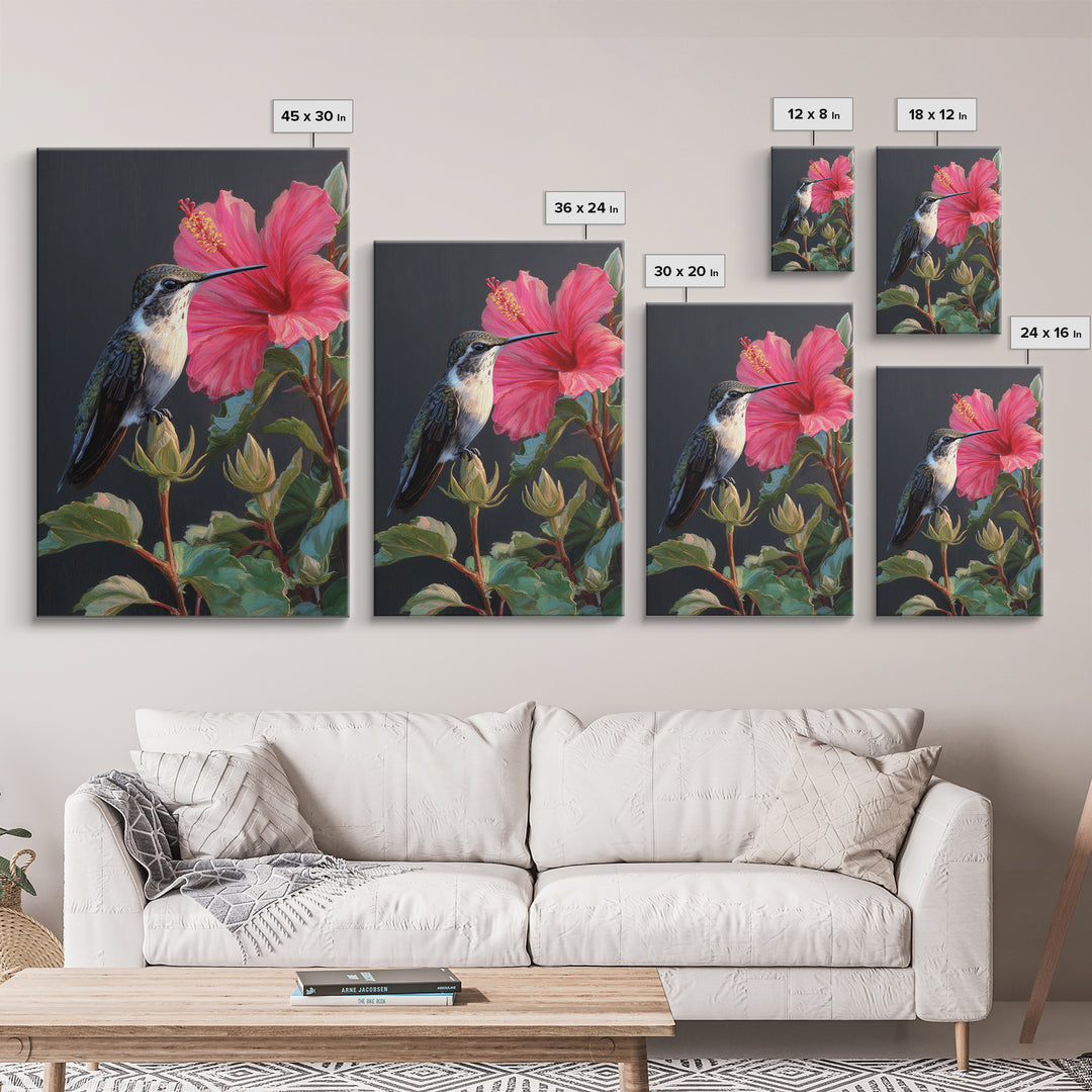 Hummingbird Visiting Bright Hibiscus Framed Canvas Print, Patio Art, Decor, Patio Decor, Oil Painting, Outdoor, PAT-2x3-59