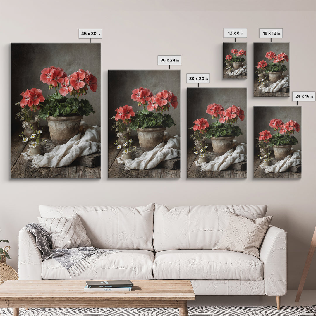Potted Geraniums in Rustic Clay Pots Canvas Print, Patio Art, Wall Decor, Patio Decor, Fine Art, Outdoor, Coastal Decor, PAT-2x3-70