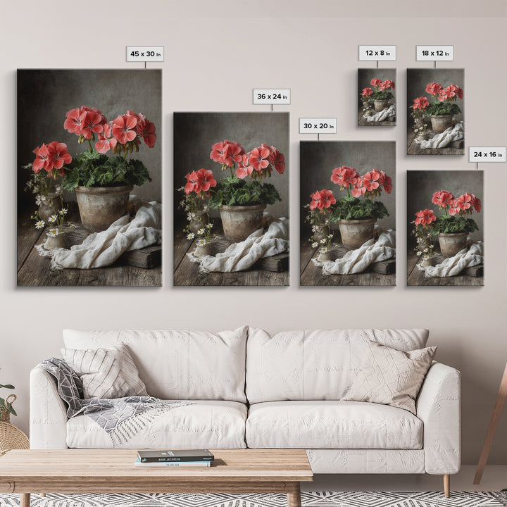 Potted Geraniums in Rustic Clay Pots Canvas Print, Patio Art, Wall Decor, Patio Decor, Fine Art, Outdoor, Coastal Decor, PAT-2x3-70