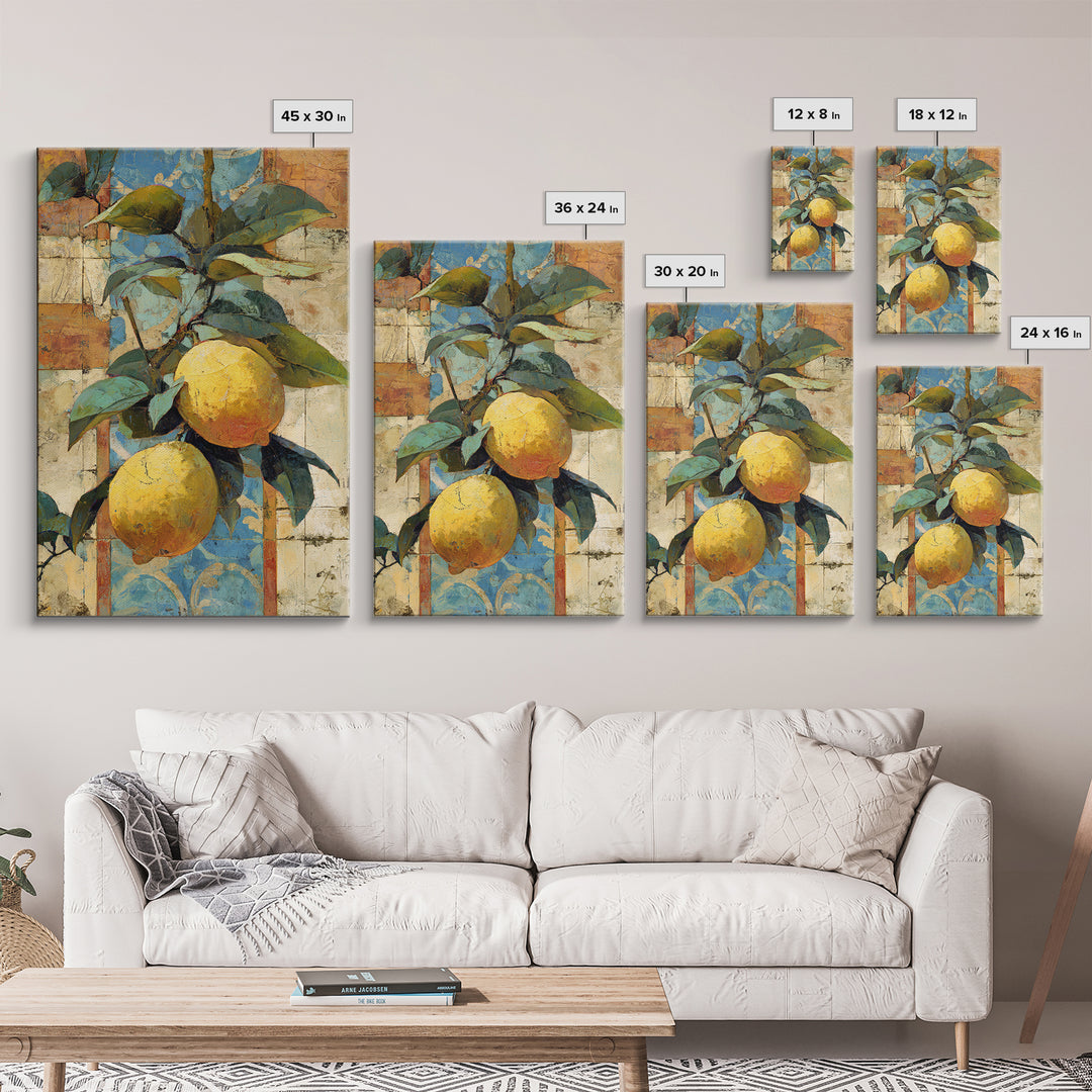 Mediterranean Lemons and Blue Tile Pattern Canvas Print, Patio Art, Metal Wall Art, Patio Decor, Outdoor, Coastal Wall Decor, PAT-2x3-82