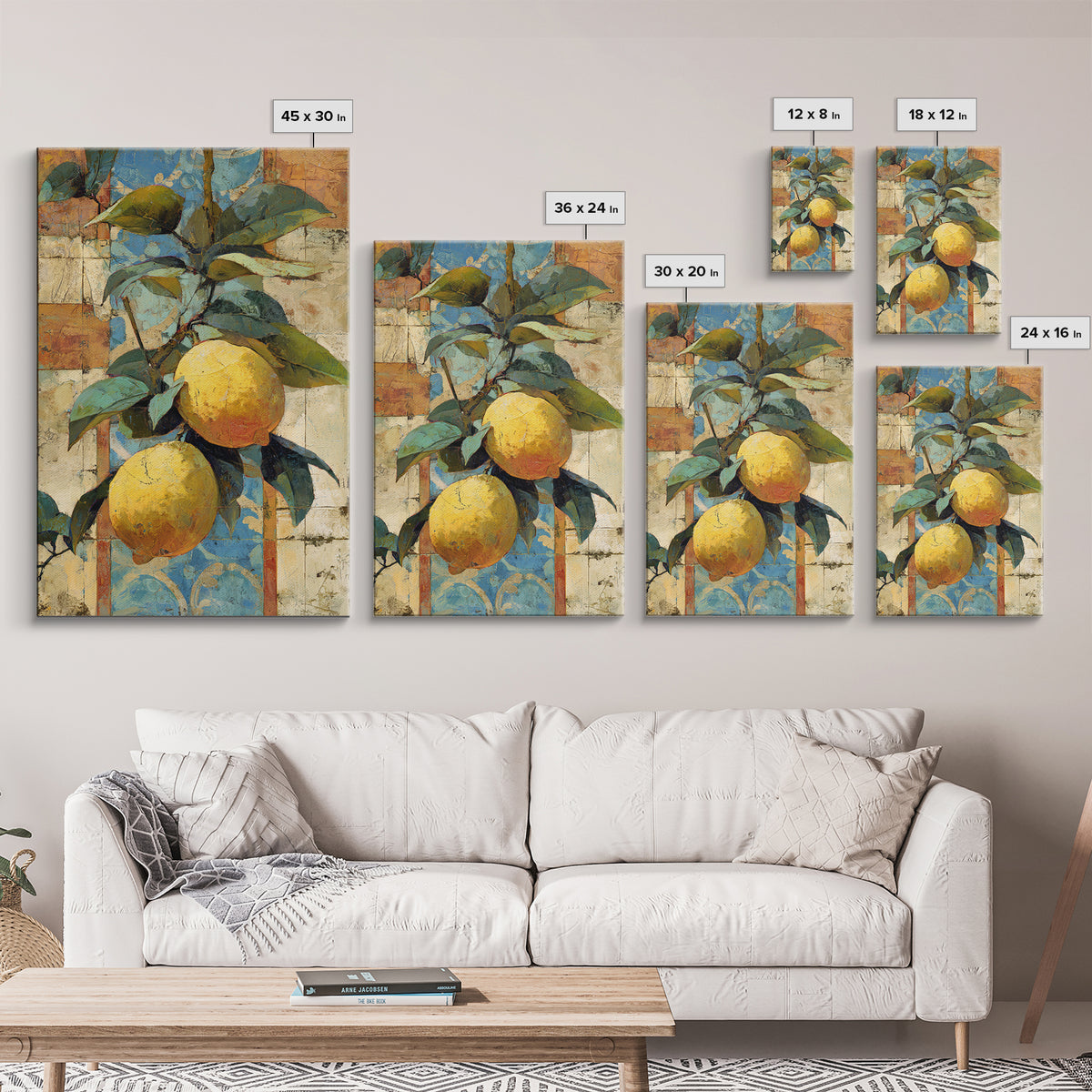Mediterranean Lemons and Blue Tile Pattern Canvas Print, Patio Art, Metal Wall Art, Patio Decor, Outdoor, Coastal Wall Decor, PAT-2x3-82