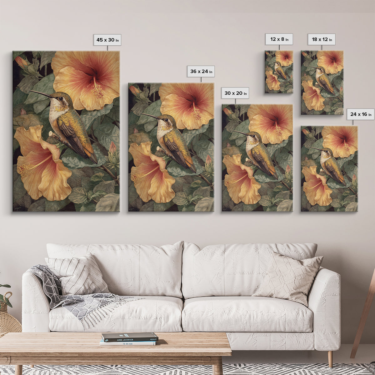 Hummingbird Visiting Bright Hibiscus Framed Canvas Print, Patio Art, Coastal Decor, Patio Decor, Abstract Art, Outdoor, PAT-2x3-83