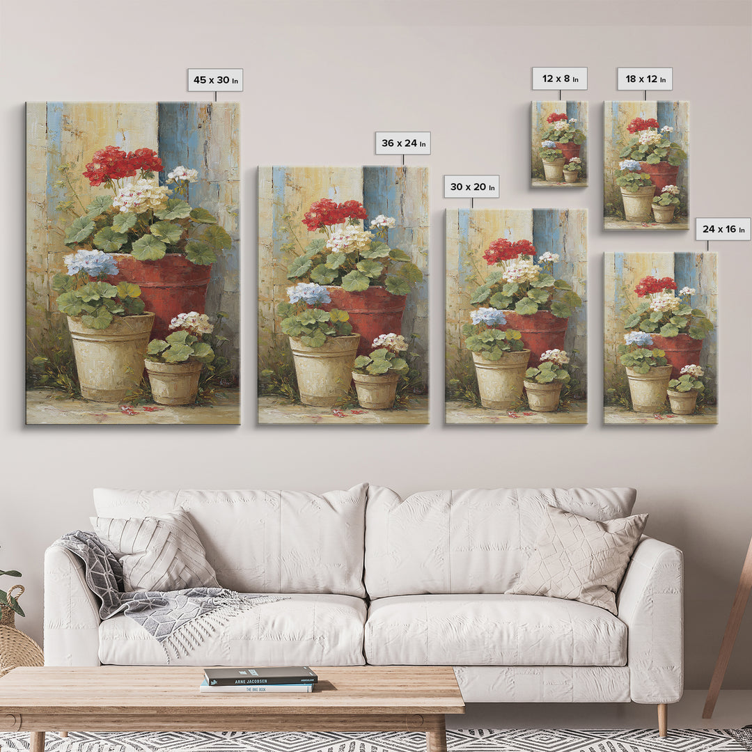 Potted Geraniums in Rustic Clay Pots Framed Canvas Print, Patio Art, Garden Art, Patio Decor, Outdoor, Beach House Decor, PAT-2x3-94