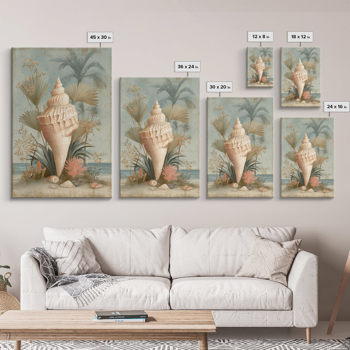 Beachy Shell and Palm Arrangement Canvas Print, Patio Art, Outdoor Wall Decor, Patio Decor, Fine Art, Outdoor, Yard Decor, PAT-2x3-99