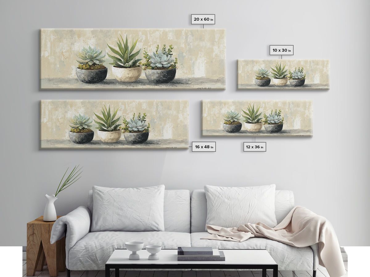 Succulent Collection in Ceramic Planters Canvas Print, Patio Art, Yard Art, Patio Decor, Fine Art, Outdoor, Lake House Decor, PAT-3x1-13