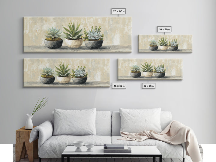 Succulent Collection in Ceramic Planters Canvas Print, Patio Art, Yard Art, Patio Decor, Fine Art, Outdoor, Lake House Decor, PAT-3x1-13