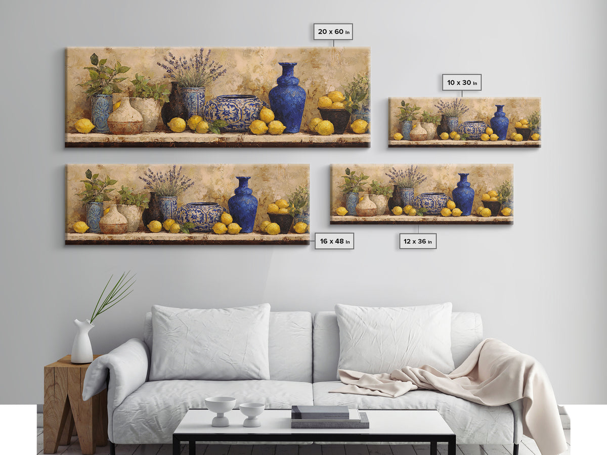Mediterranean Lemons and Blue Tile Pattern Framed Canvas Print, Patio Art, Outdoor Wall Art, Patio Decor, Fine Art, Outdoor, PAT-3x1-18